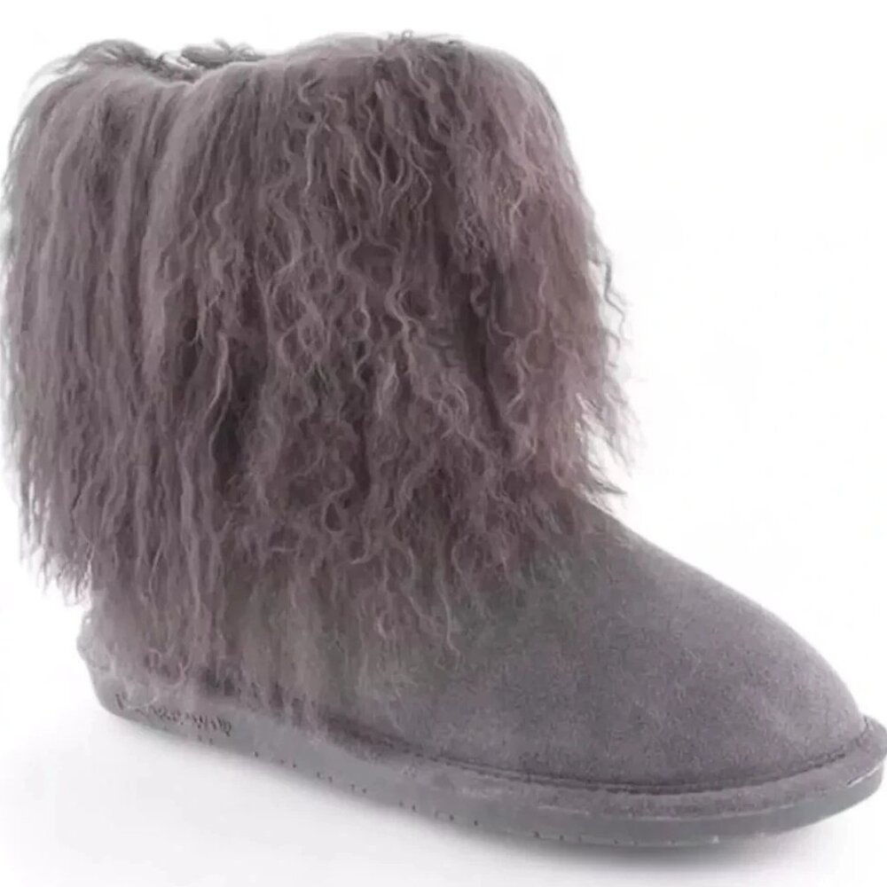 Bearpaw Boo Gray Shearling Wool Curly Lamb Fur Mongolian Sherpa Boots 7 NEW